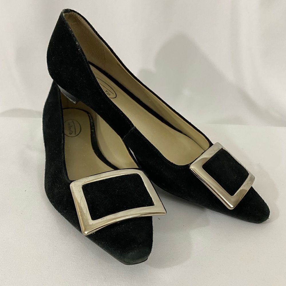 Talbots Black Suede Flats with Silver Buckle